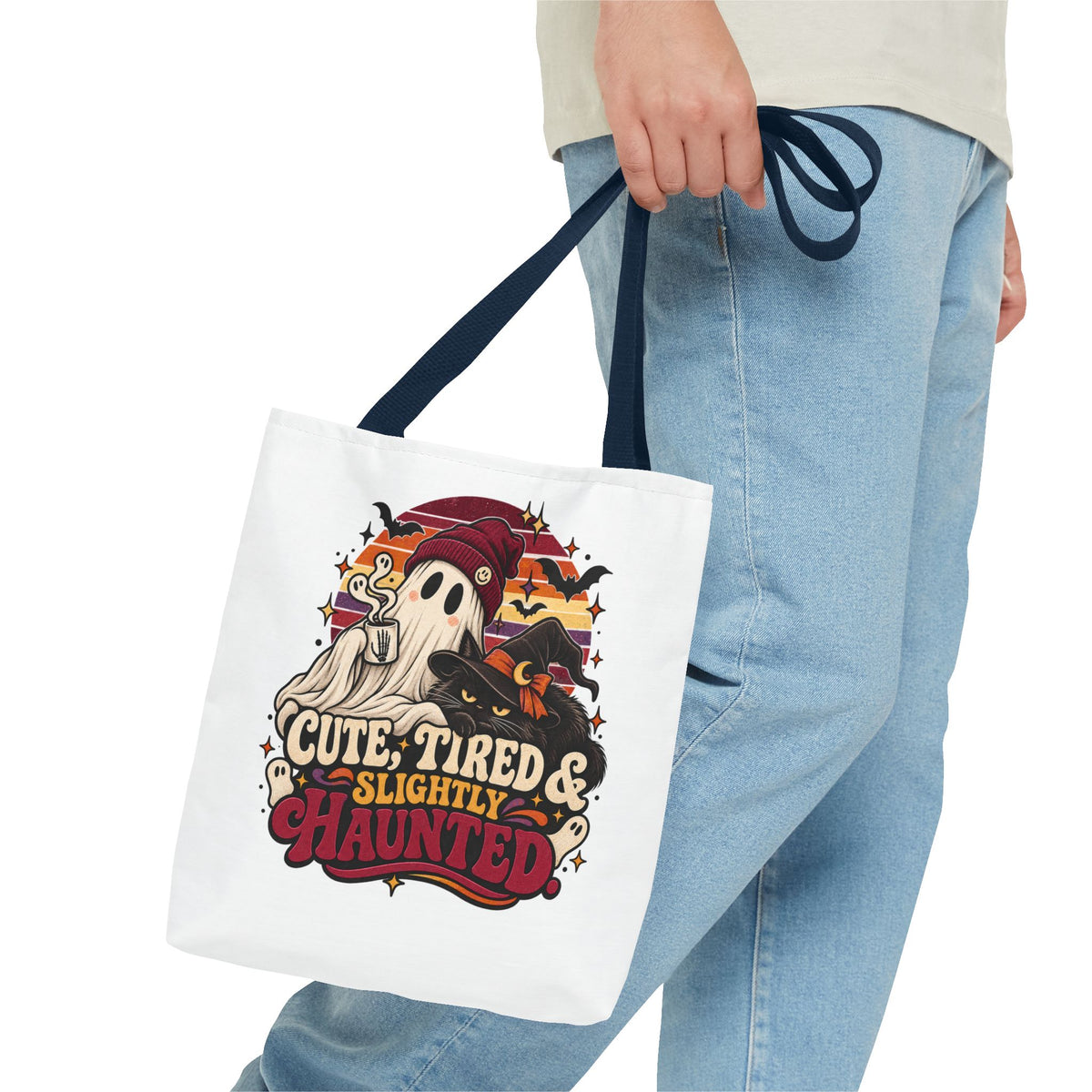 Halloween Ghost Tote — "Cute, Tired & Slightly Haunted" All-Over-Print Tote Bag