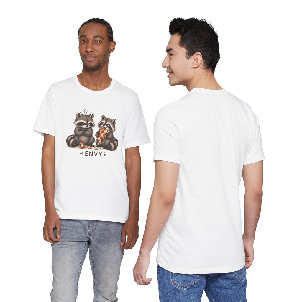 Envy Raccoons T-Shirt — Cute Cartoon Raccoon Eating Pizza Graphic Tee