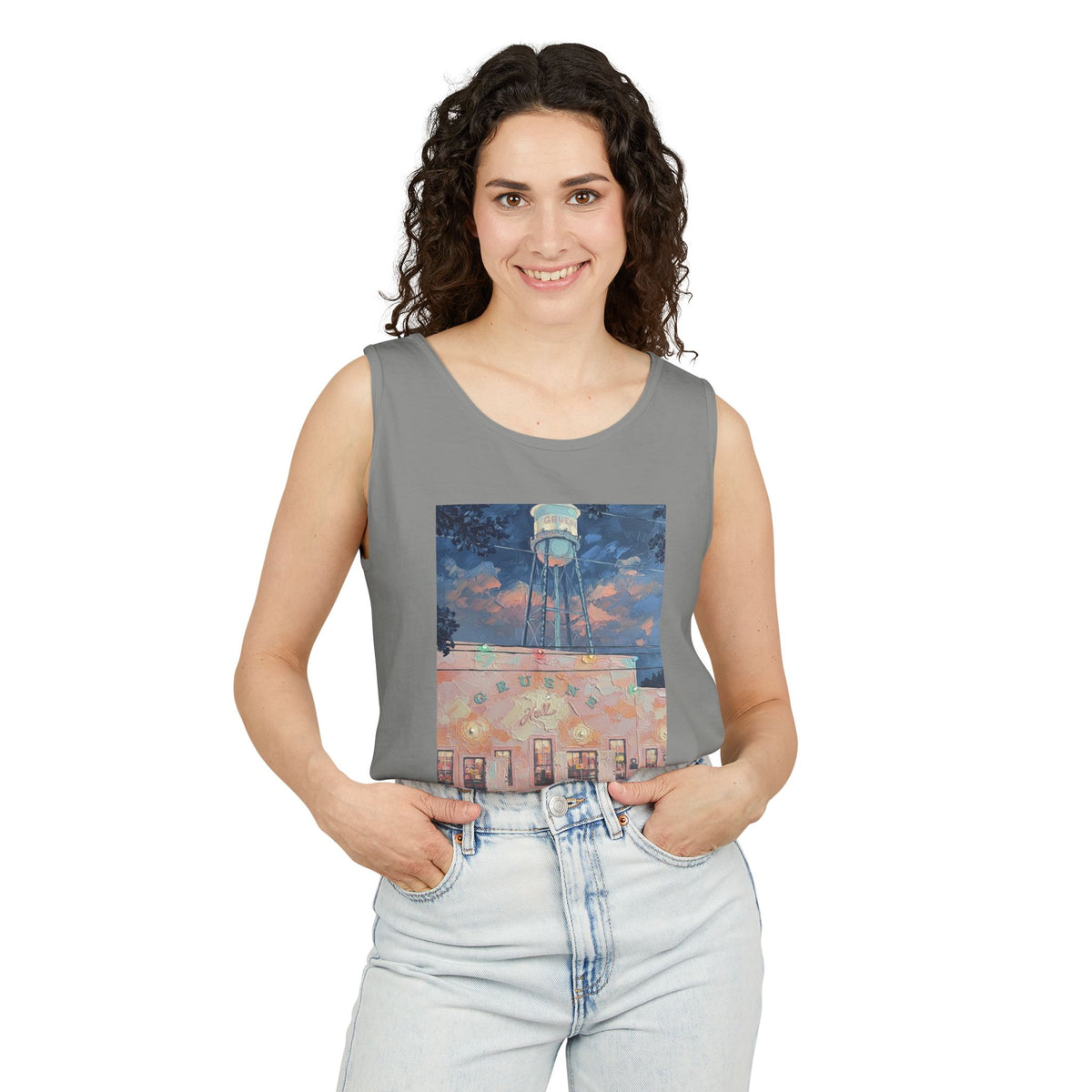 Vintage Water Tower Art Tank — Sunset Small Town Scene
