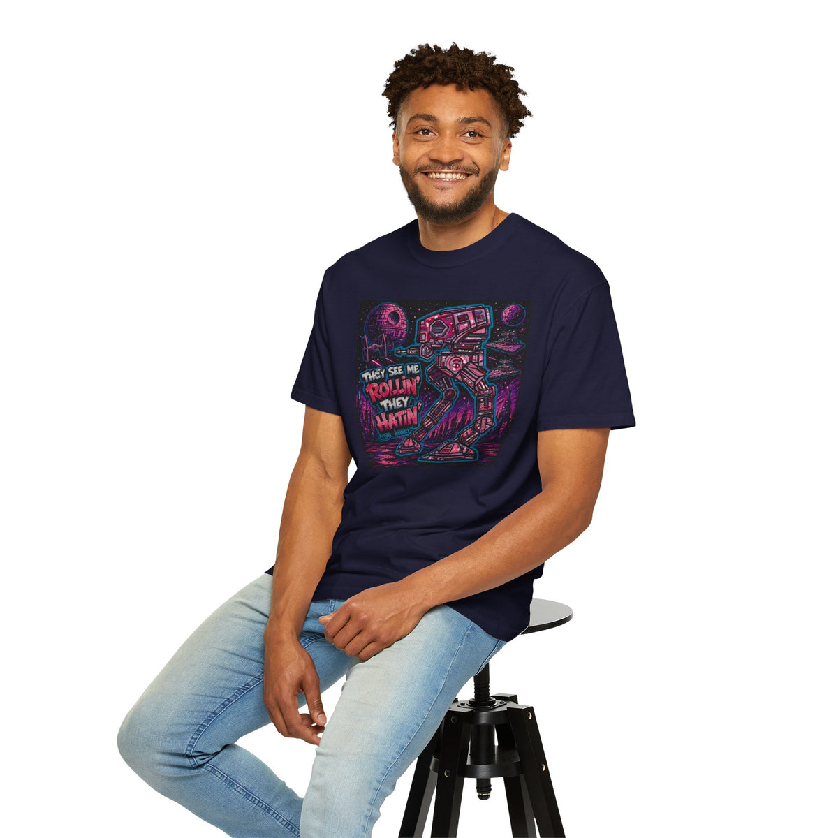 AT-AT 'They See Me Rollin' Space Tee — Retro Neon Sci‑Fi T-Shirt
