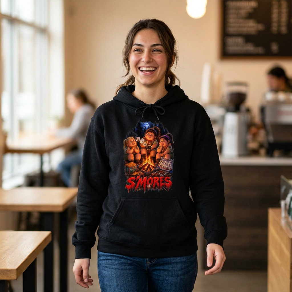 Campfire S'mores Horror Characters Hoodie | Creepy Marshmallow Graphic
