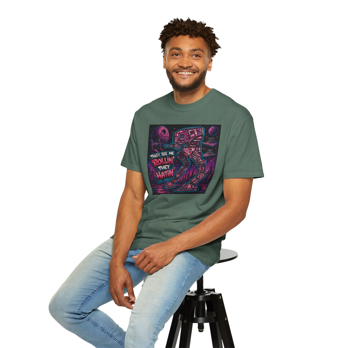 AT-AT 'They See Me Rollin' Space Tee — Retro Neon Sci‑Fi T-Shirt