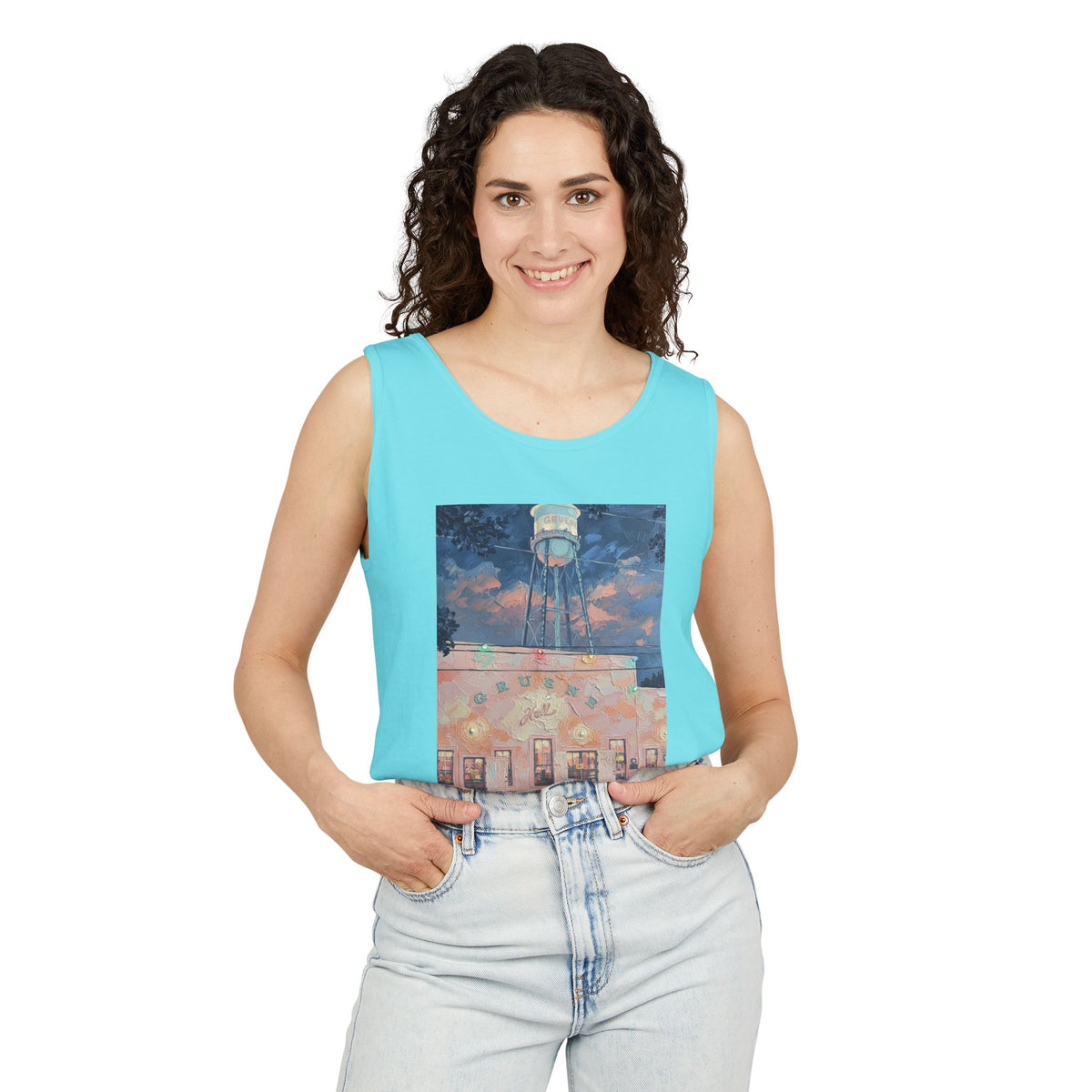 Vintage Water Tower Art Tank — Sunset Small Town Scene