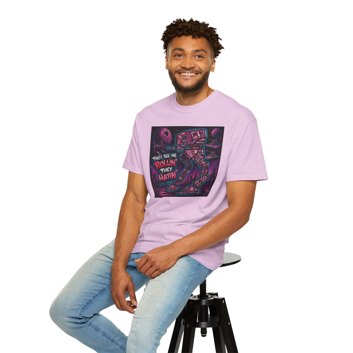 AT-AT 'They See Me Rollin' Space Tee — Retro Neon Sci‑Fi T-Shirt