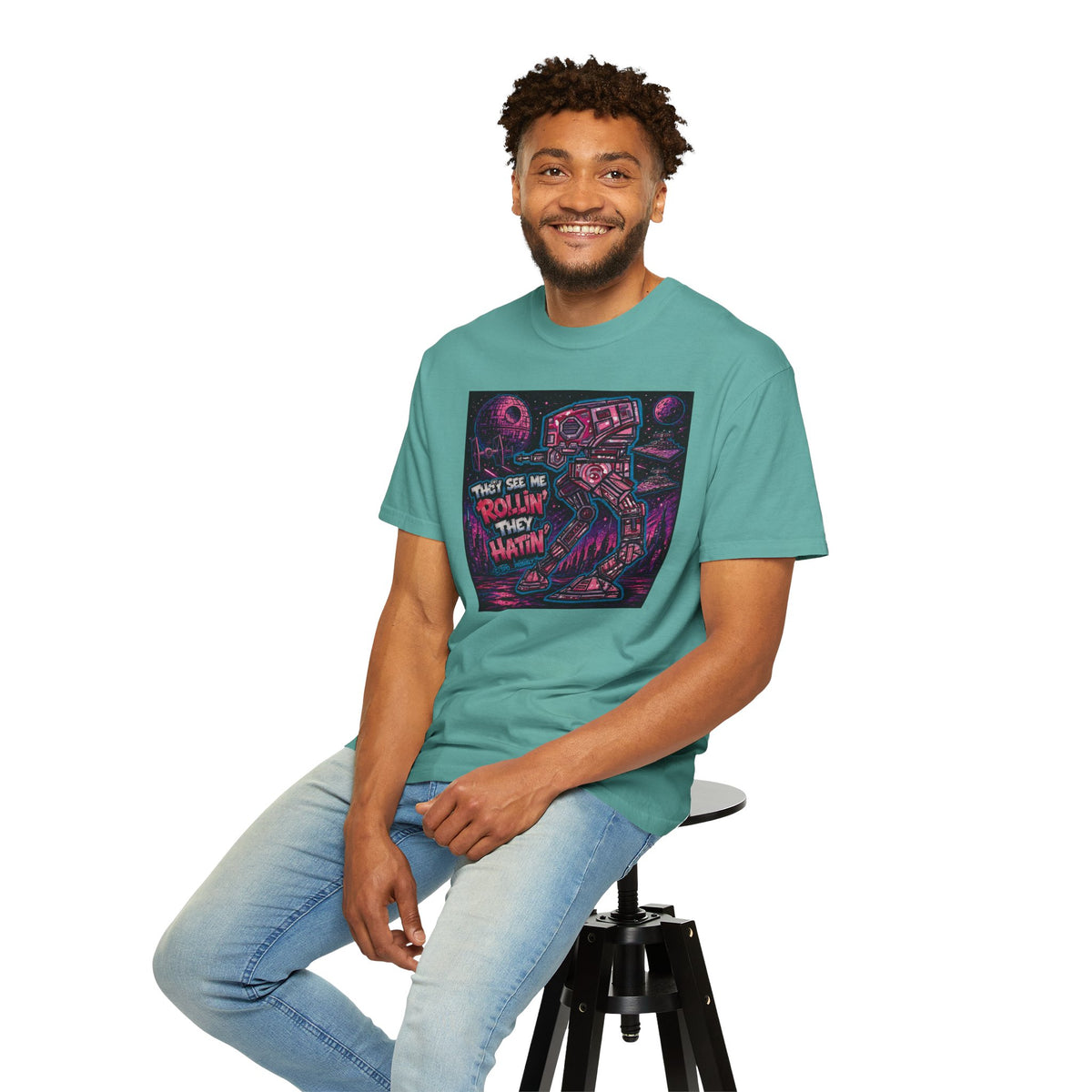 AT-AT 'They See Me Rollin' Space Tee — Retro Neon Sci‑Fi T-Shirt