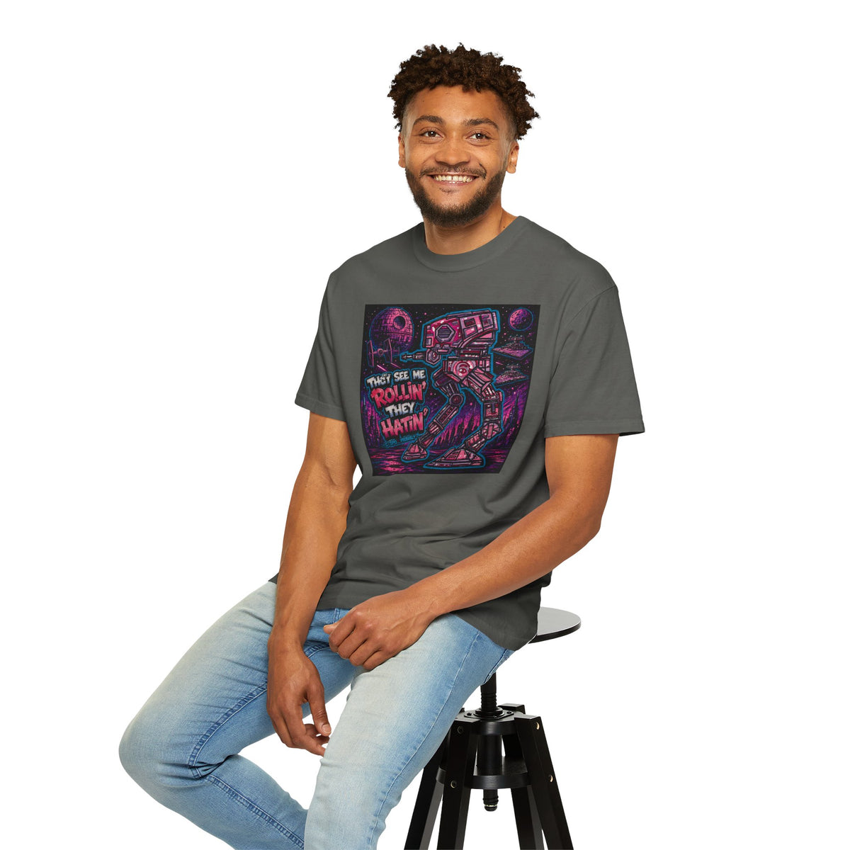 AT-AT 'They See Me Rollin' Space Tee — Retro Neon Sci‑Fi T-Shirt