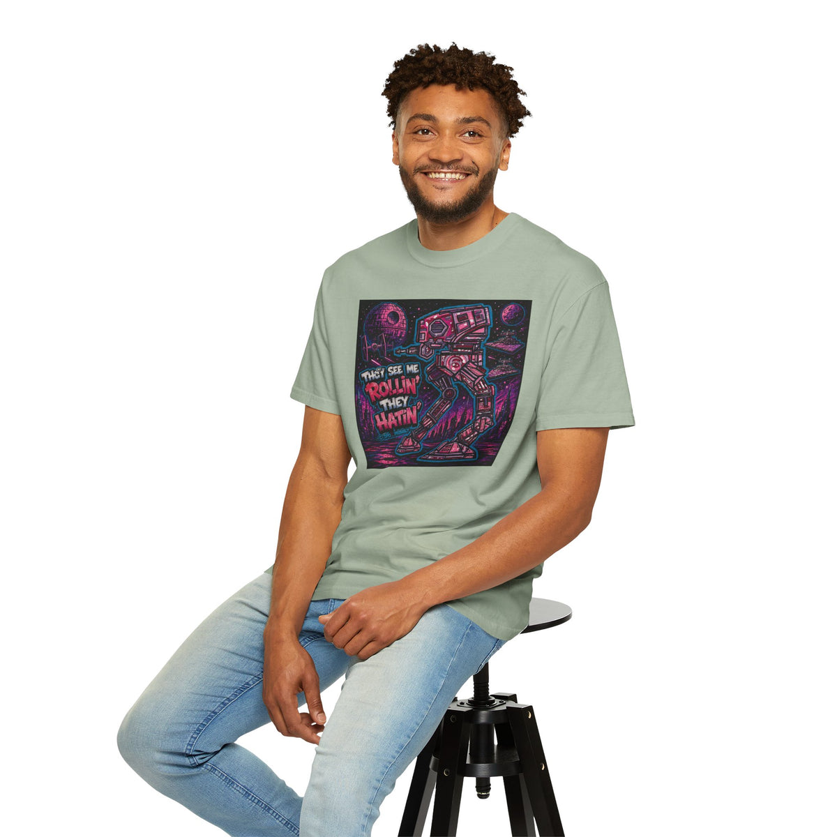 AT-AT 'They See Me Rollin' Space Tee — Retro Neon Sci‑Fi T-Shirt