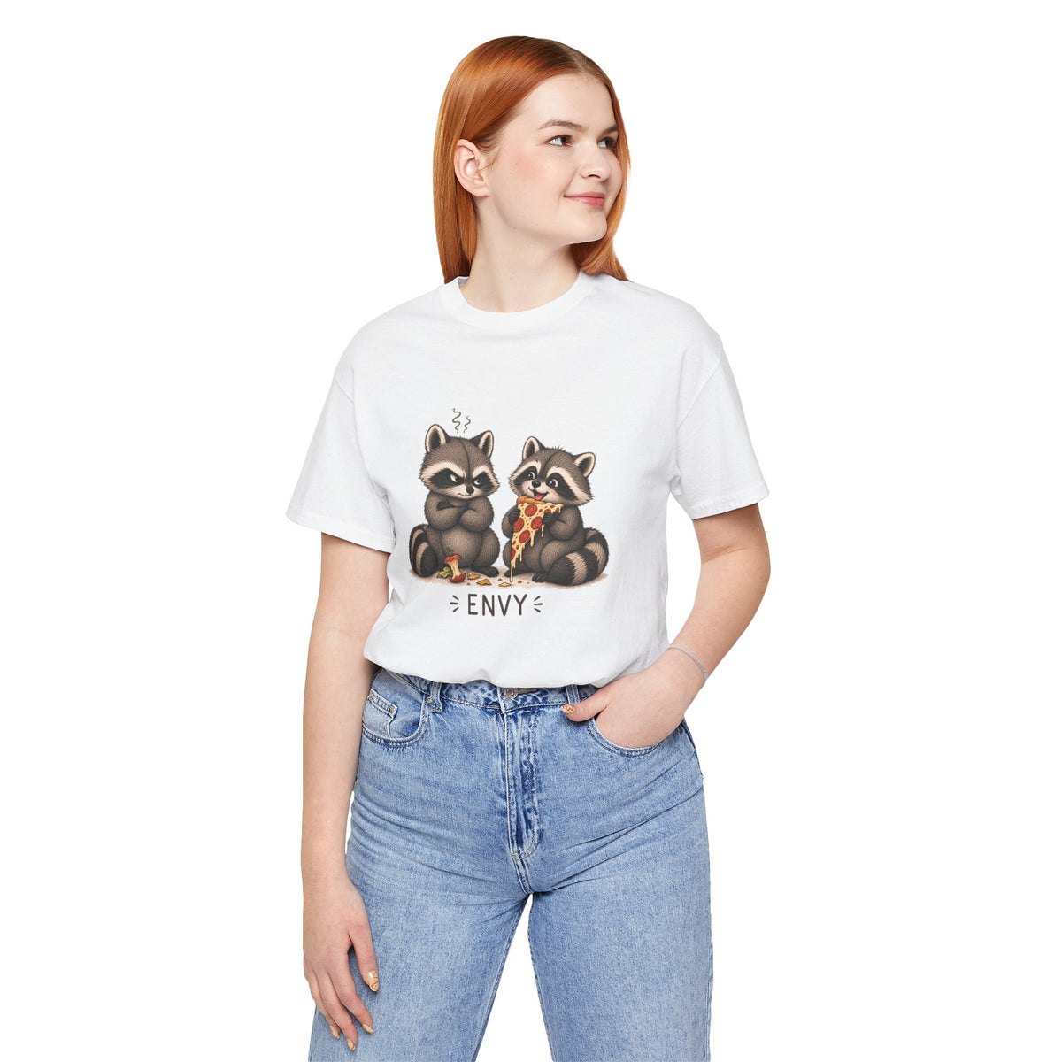 Envy Raccoons T-Shirt — Cute Cartoon Raccoon Eating Pizza Graphic Tee